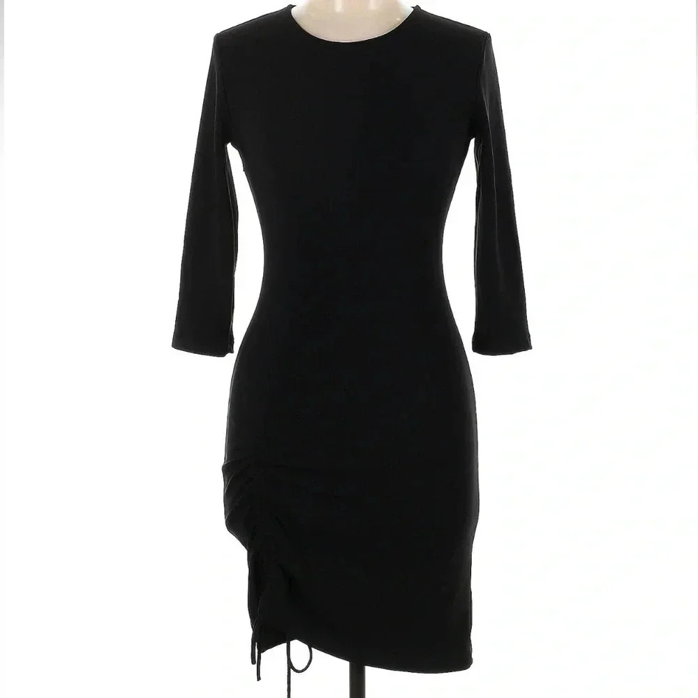 Zara Black Fitted Bodycon Dress Ruched Side Party Cocktail Midi Size Large NWT
